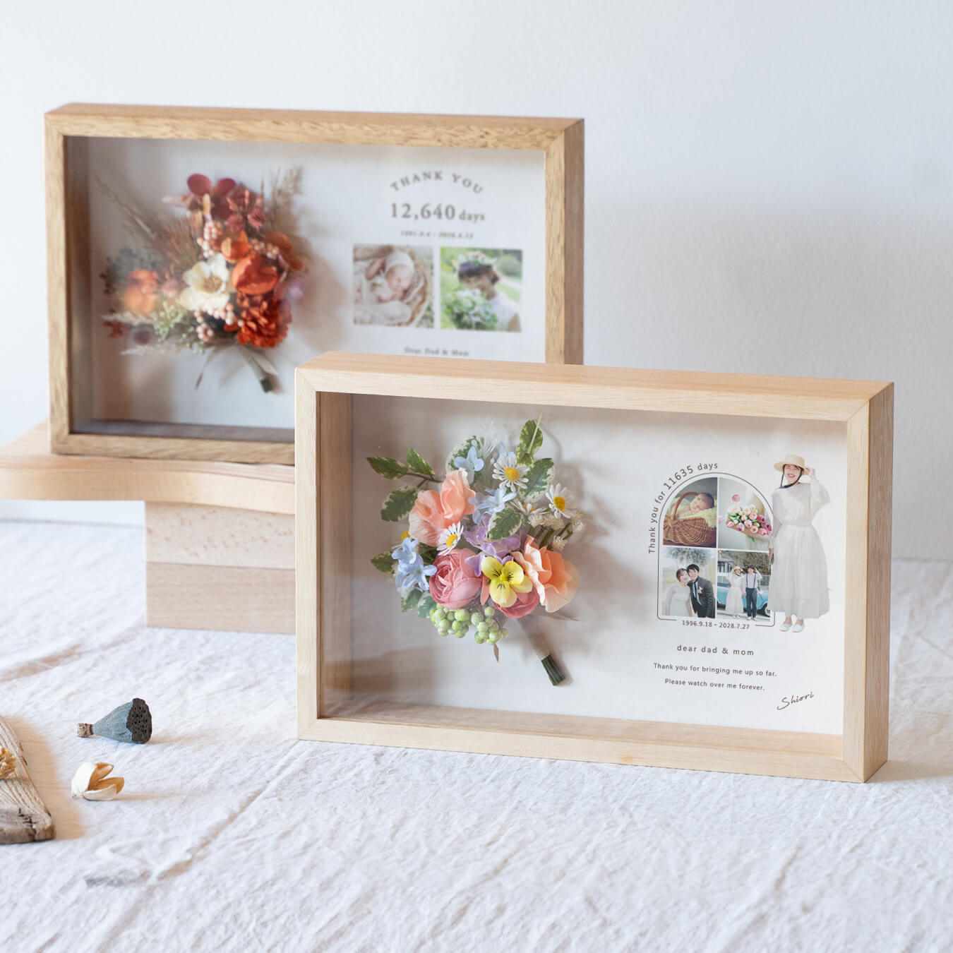 【両親贈呈品】アーティフィシャルフラワーの花束付サンクスボックス【全5色・子育て感謝状】
